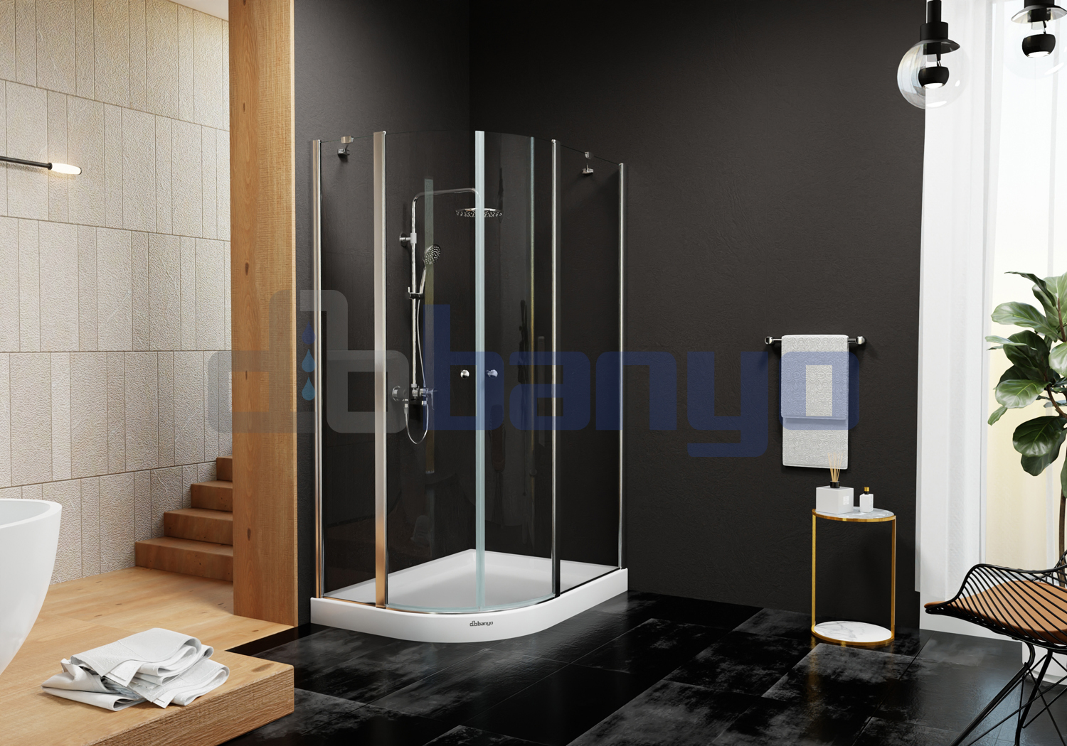 dbbanyo - 80*90 cm  Göksu Sağ Asimetrik Boy Menteşeli 2 Sabit 2 Açılır Duşakabin