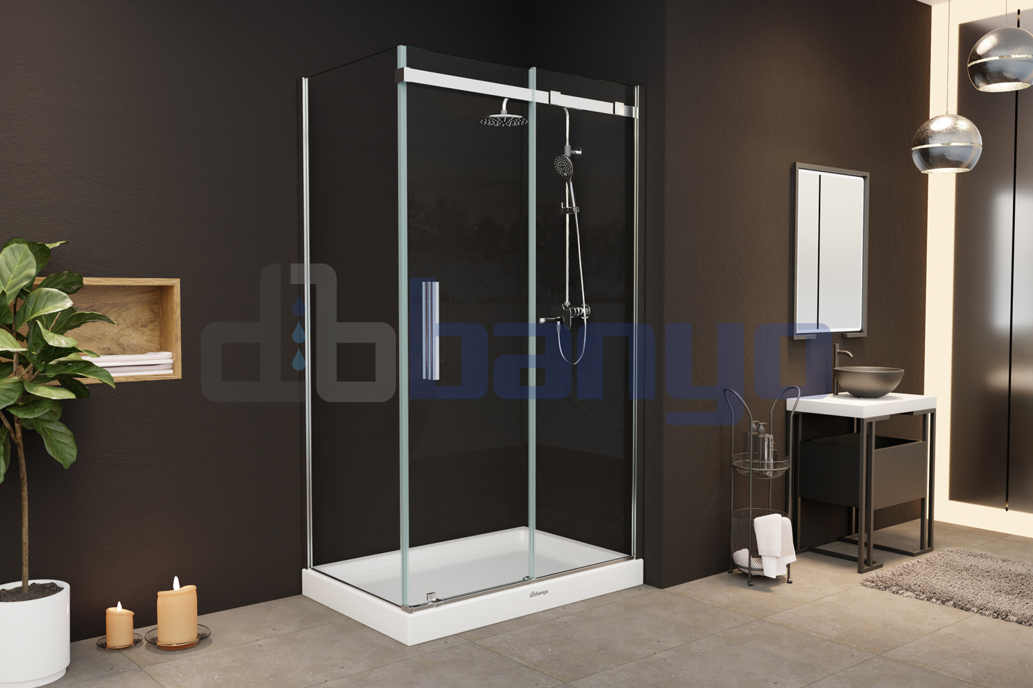 dbbanyo - 70*100 cm  Mercan Ön Cephe Girişli Askılı 1 Sabit 1 Hareketli ve Yan Panel Duşakabin